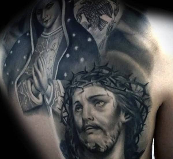 Awesome Guys Jesus Shaded Back Tattoo Design Inspiration