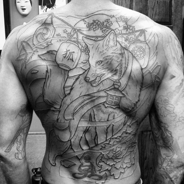 Awesome Guys Kitsune Lantern Full Back Tattoos