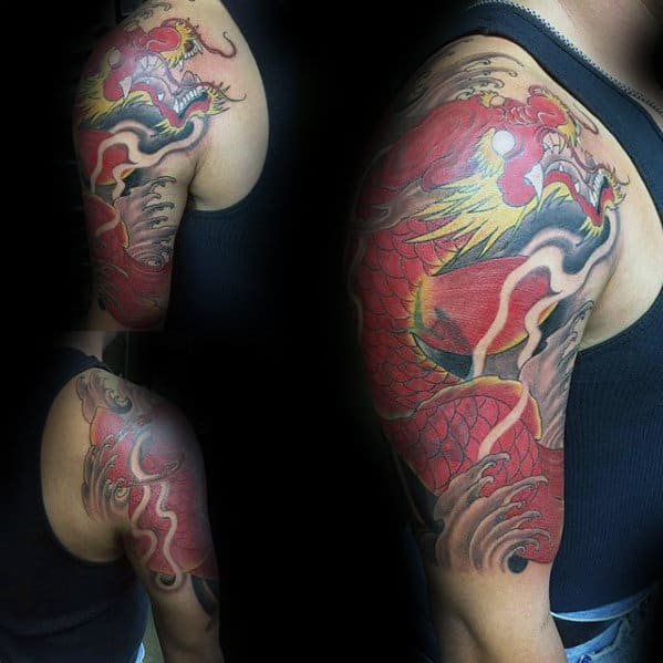 Awesome Guys Koi Dragon Red Ink Half Sleeve Tattoo Designs