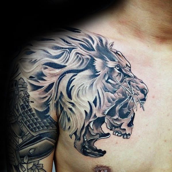 Awesome Guys Lion Skull Shoulder Tattoo