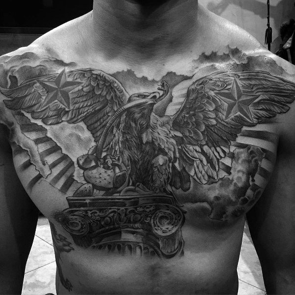 Awesome Guys Mexican Eagle Shaded Black And Grey Ink Tattoo Design On Upper Chest