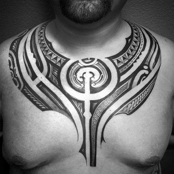 Awesome Guys Polynesian Tattoo Tribal Chest Ideas