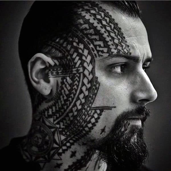 Awesome Guys Polynesian Tribal Face Tattoos With Pattern Design