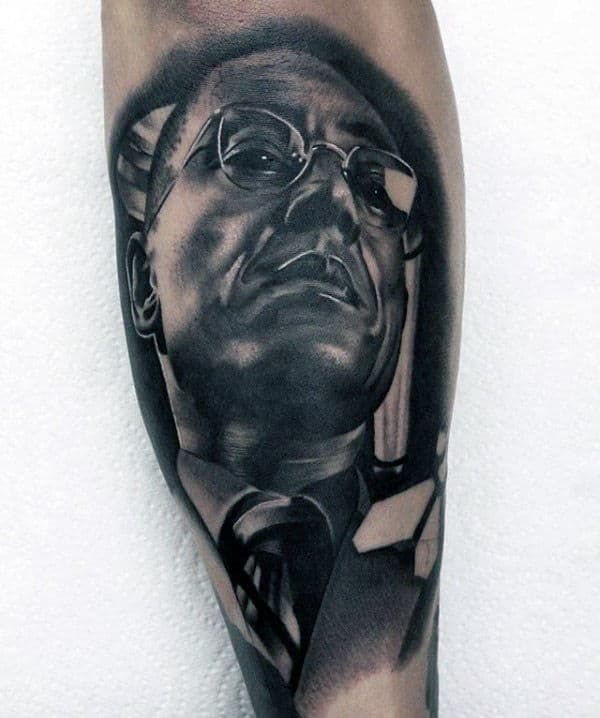 Awesome Guys Portrait Breaking Bad Themed Leg Tattoos