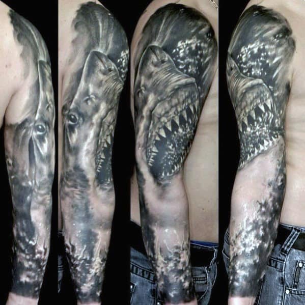 Awesome Guys Shark Sleeve Tattoo Inspiration