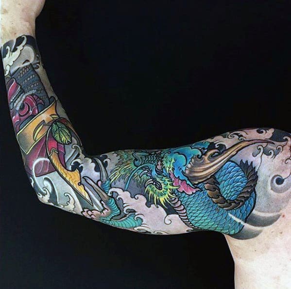 Awesome Guys Sleeve Arm Blue Dragon Samuari Helmet Tattoo