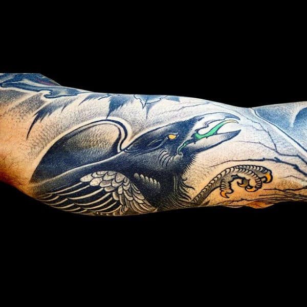 Awesome Guys Sleeve Tattoo Of Flying Black Crow