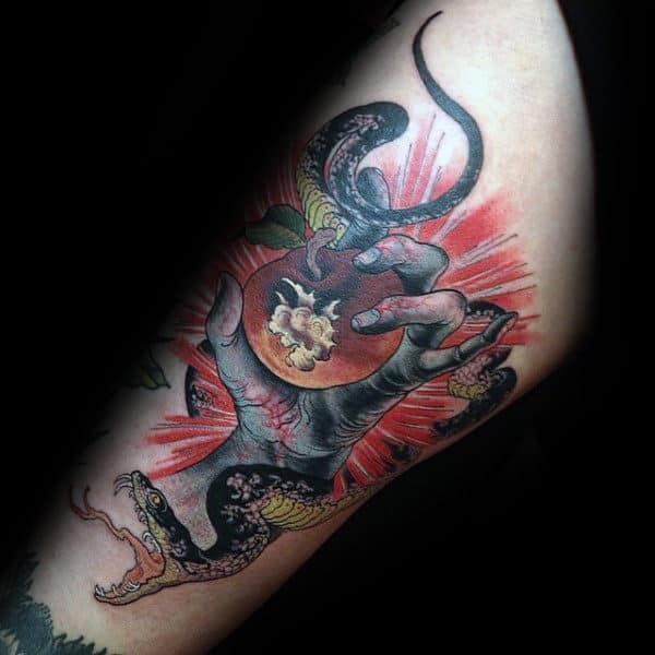 Awesome Guys Thigh Snake With Apple Tattoos
