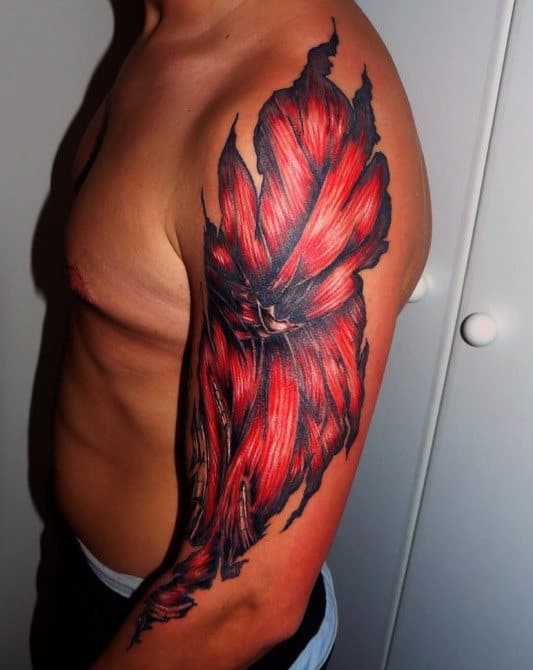 Awesome Guys Upper Arm Torn Exposed Muscle Skin Tattoo