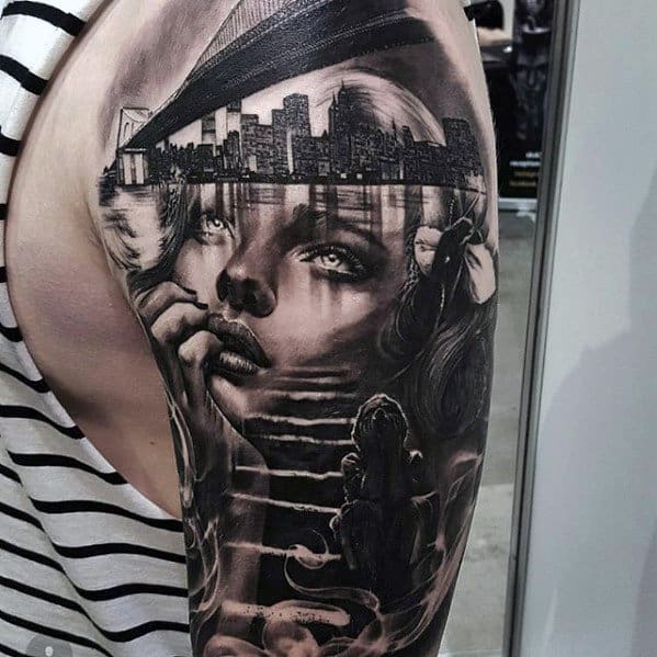 Awesome Half Sleeve Mens Female Portrait With City Skyline Tattoo