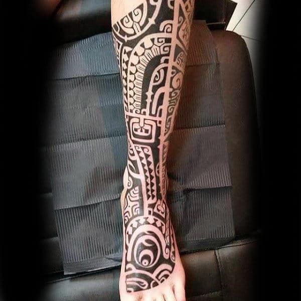 Awesome Hawaiian Mens Sleeve Tribal Tattoo On Leg And Foot