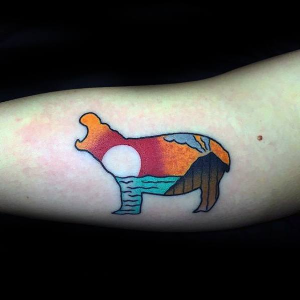Awesome Hippo Shaped Volcano Inner Arm Bicep Tattoos For Men
