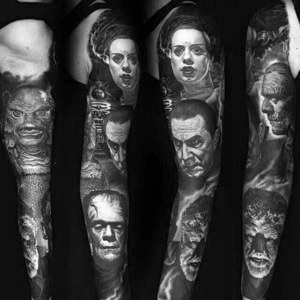 Black and grey horror sleeve tattoo featuring classic monsters like Frankenstein, Dracula, the Mummy, Wolfman, and the Creature from the Black Lagoon.