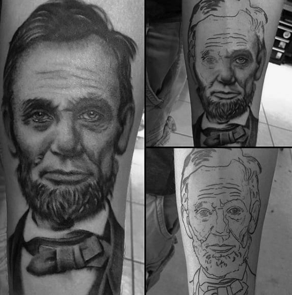 Black and white tattoo art of a bearded Abraham Lincoln, shown in progress on a forearm