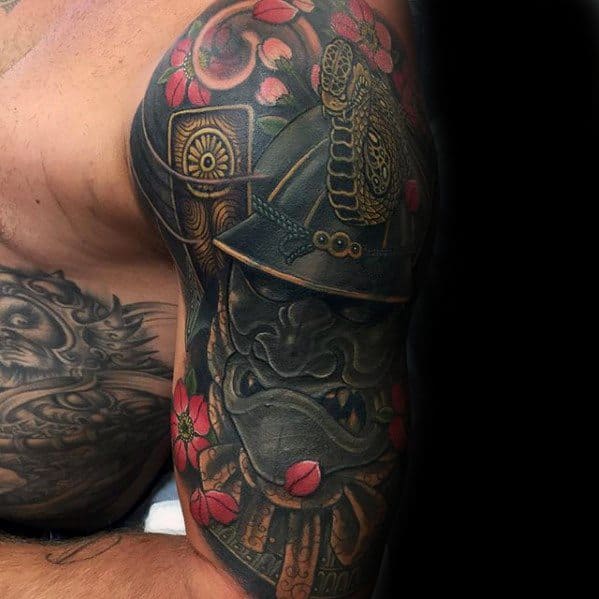 Awesome Ink Japanese Snake Tattoos For Men Half Sleeve With Samuari Mask Design