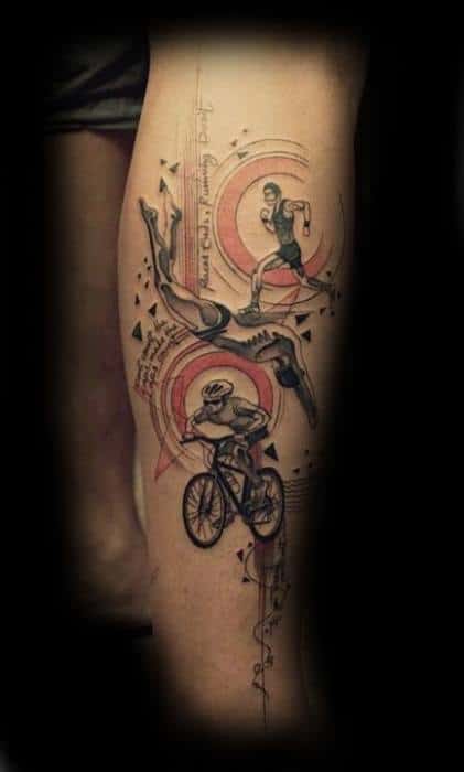 Tattoo design featuring an Ironman race sequence: swimmer, cyclist, and runner, with dynamic lines and vibrant circular accents.