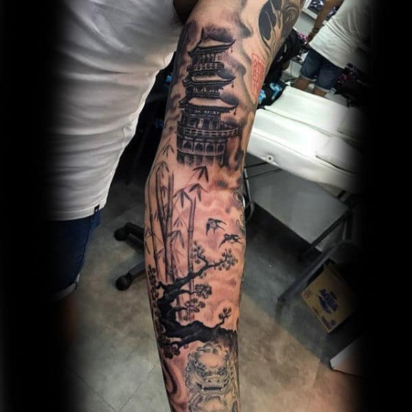 Awesome Japanese Bamboo Male Sleeve Tattoo Idea Inspiration