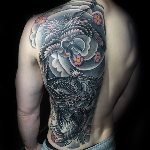 Awesome Japanese Flying Cranes Half Back Mens Tattoos