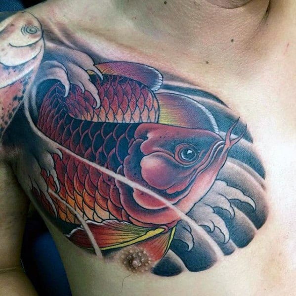 Awesome Japanese Upper Chest Arowana Tattoos For Men