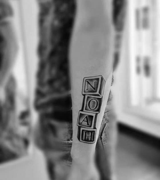 awesome kids name noah blocks mens outer forearm tattoo