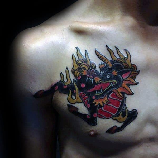 Bold Kirin tattoo on the chest with fierce expression, black and red tones, and sharp gold flames accenting its mane and limbs.