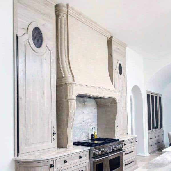 white washed ornate kitchen hood ideas