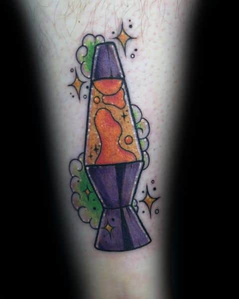 Retro-style lava lamp tattoo with vibrant orange wax and purple base, ideal for men's creative ink inspiration.