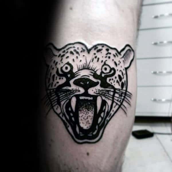 Awesome Leg Calf Black Ink Roaring Leopard Male Tattoos