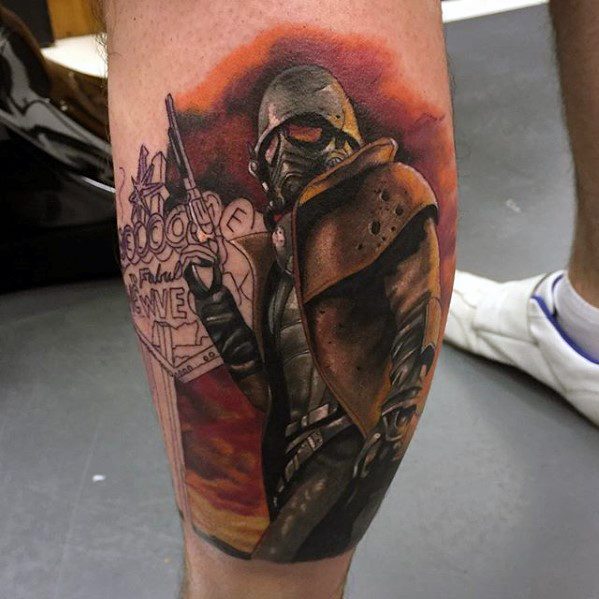 Awesome Leg Calf Fallout Tattoos For Men