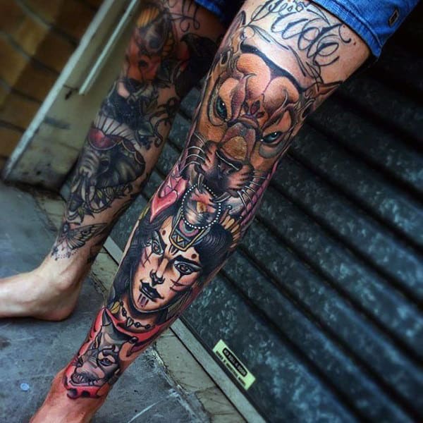 Awesome Leg Sleeve Shin Male Tattoo Ideas