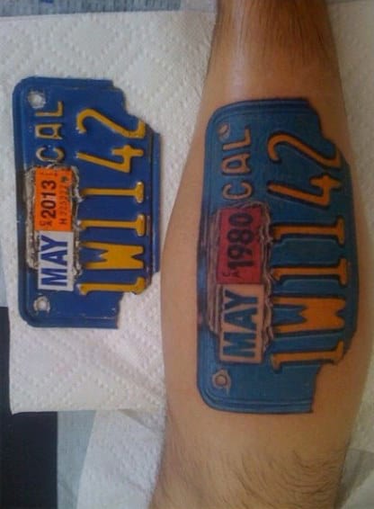Awesome License Plate Biker Tattoos For Men On Leg