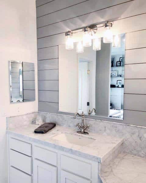 shiplap gray accent wall bathroom