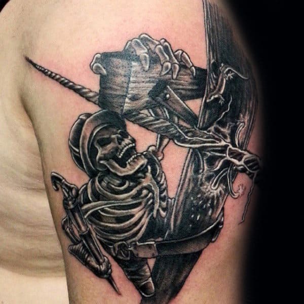 Awesome Lineman Skeleton Power Line Guys Upper Arm Tattos