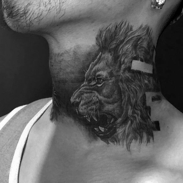 Realistic lion neck tattoo with fierce expression and geometric elements, blending bold shading and fine details for a striking look.
