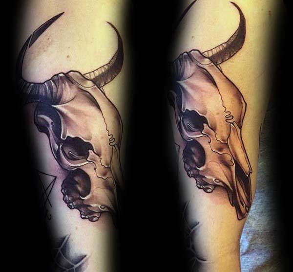 Awesome Male Bull Skull 3d Arm Tattoo Inspiration