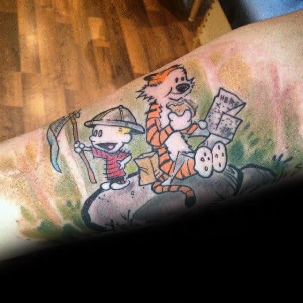 Awesome Male Calvin And Hobbes Adventure Forearm Tattoos
