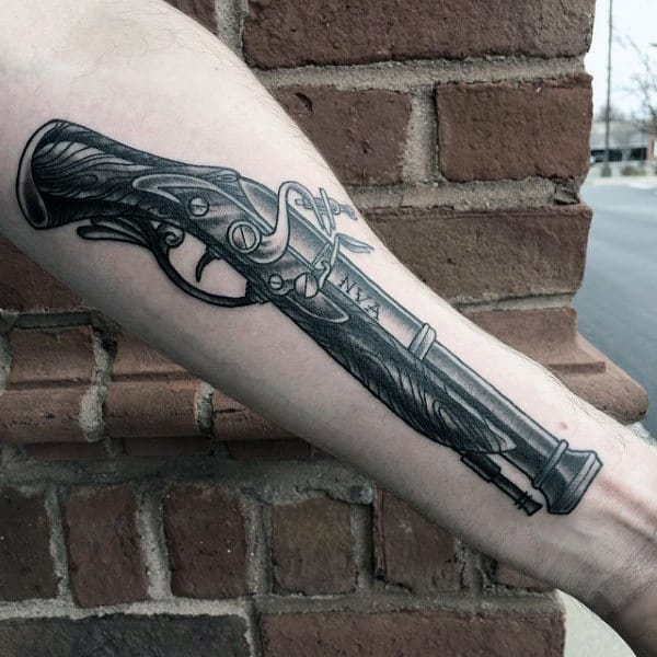 Awesome Male Dusty Pistol Tattoo On Forearms