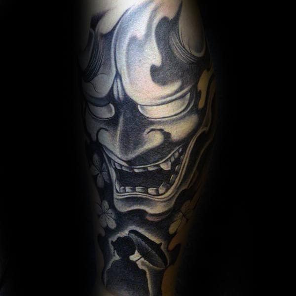 Awesome Male Emotional Hannya Mask Shaded Forearm Sleeve Tattoo