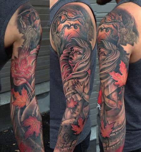 Awesome Male Fall Sleeve Tattoo Design Inspiration