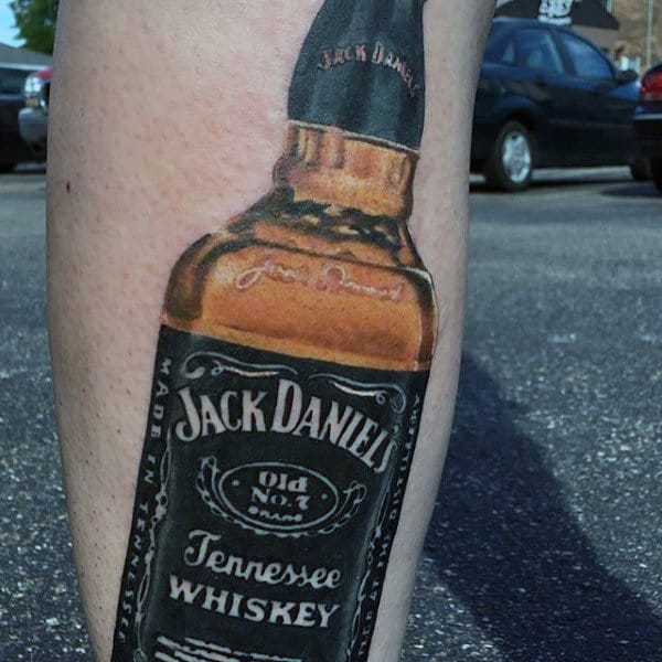 Awesome Male Jack Daniels Tattoo On Leg