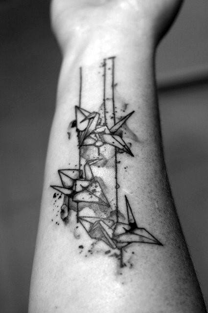 Awesome Male Watercolor Inner Forearm Origami Tattoo Of Birds