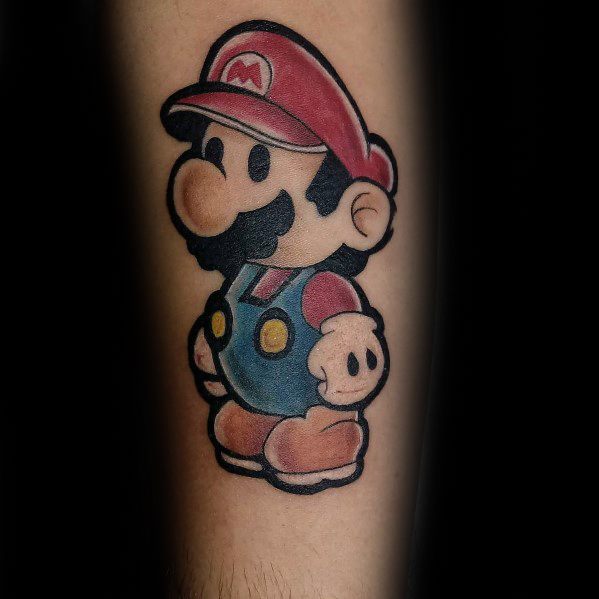 Minimalist Mario tattoo in a Paper Mario-inspired design, featuring bold outlines, soft shading, and a classic nostalgic video game look.