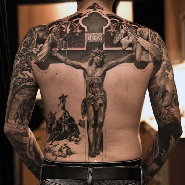 Awesome Mens Jesus Realistic 3d Cross Back Tattoos
