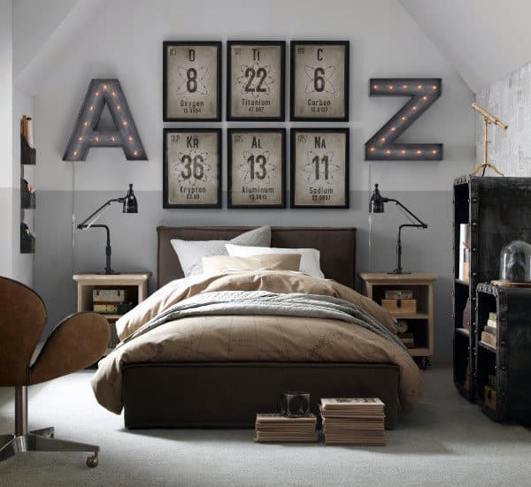 Hotel-style bedroom with periodic table wall art, brown bed, and industrial decor accents.