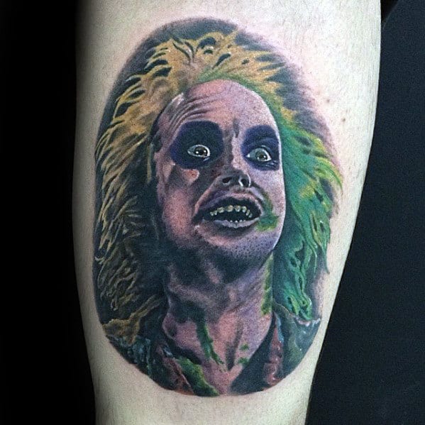 Awesome Mens Beetlejuice Portrait Tattoo Design On Arm