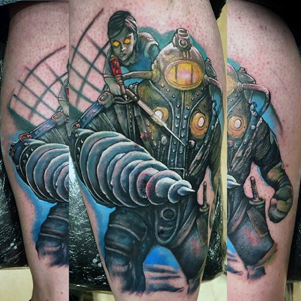 Awesome Mens Bioshock Thigh Tattoo Ideas