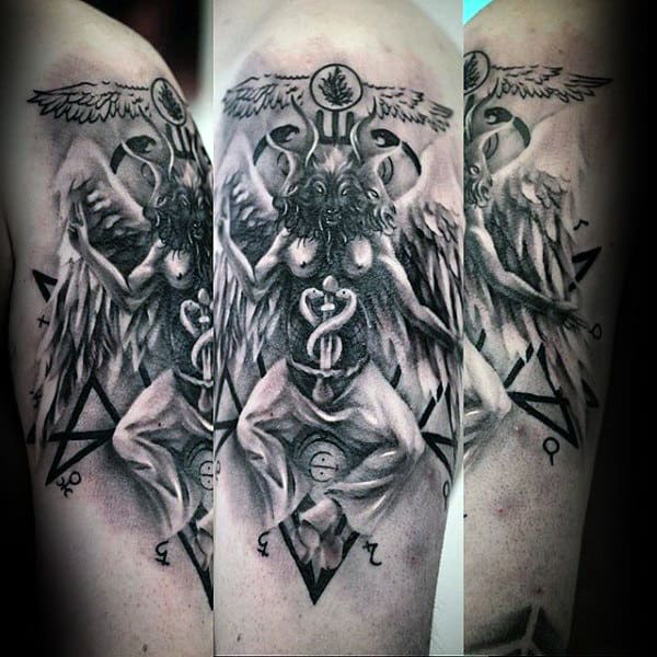 Awesome Mens Black And Grey Ink Shaded Baphomet Upper Arm Tattoos