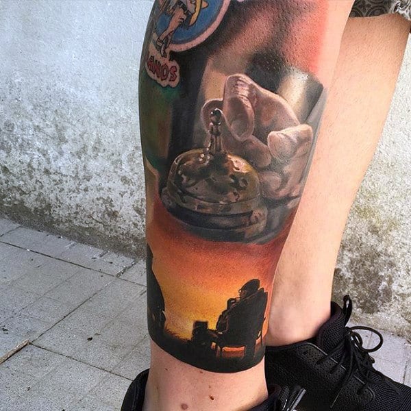 Awesome Mens Breaking Bad Bell Tattoo On Leg