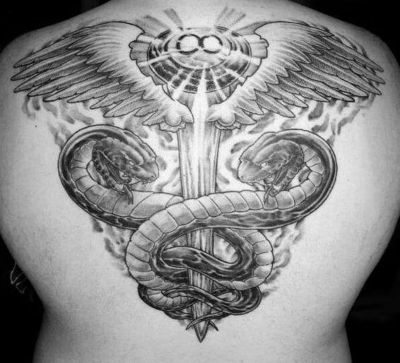Awesome Mens Caduceus Back Tattoo Inspiration With Shaded Design