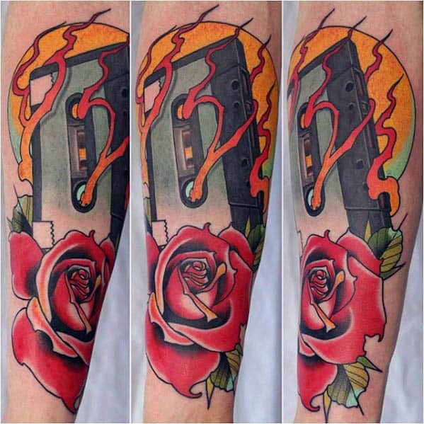 Awesome Mens Cassette Tape With Rose Flower Forearm Tattoo